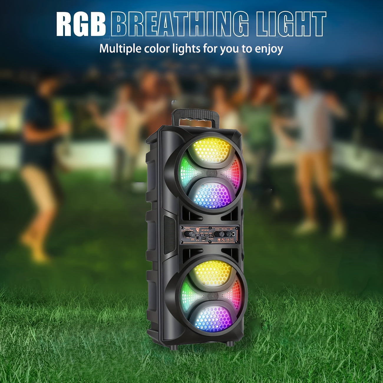 Altavoz portátil sin varillas para exteriores con cuerpo ligero y efectos de iluminación colorida, carga Tipo C, compatible con USB, FM, tarjeta TF, AUX, botón giratorio y control por micrófono, ideal para camping, fiestas en casa, descanso en la oficina