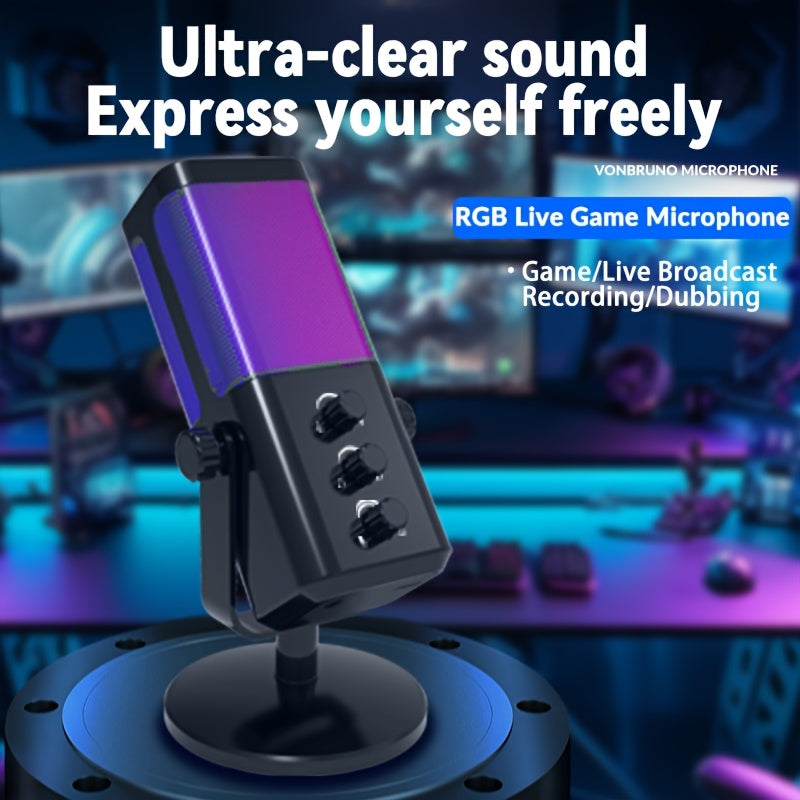 Micrófono de condensador RGB Ultra-Clear Sound - Plug & Play, reducción de ruido inteligente, monitoreo en tiempo real, control de perilla independiente, perfecto para transmisiones en vivo, juegos y más - Conexión USB Type-C, material ABS, control de vo