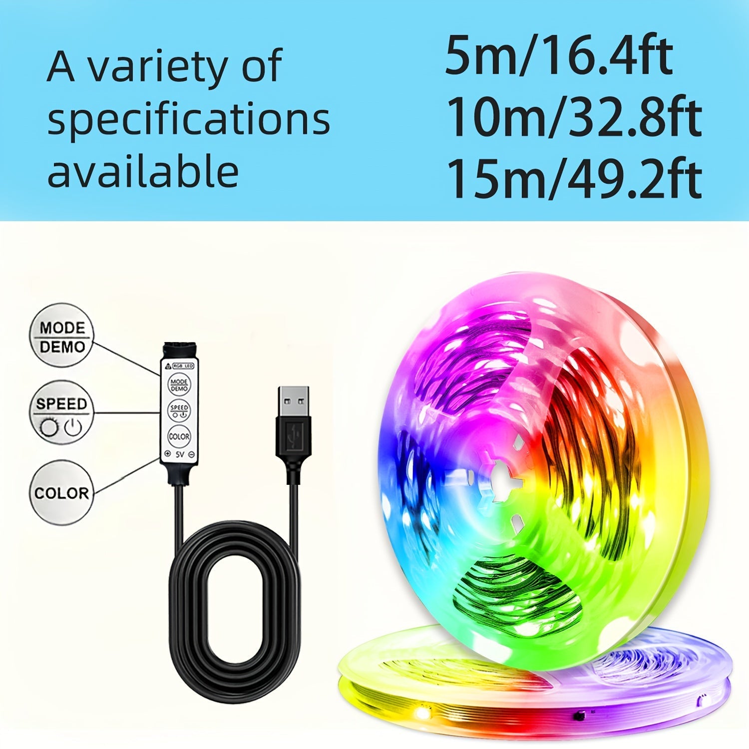 1 Rollo de Tira LED RGB NBBUFF para TV - Control de 3 Botones (Color/Atenuar/Blink), Luz Flexible con Alta Luminosidad, Alimentación USB para Dormitorio, Sala de Juegos, Halloween, Navidad y Bodas, Luces Decorativas, Efectos Dinámicos, Iluminación de Cal