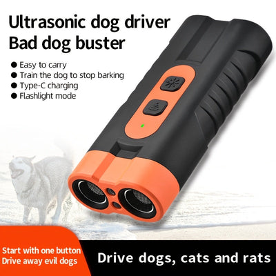 1 unidad de repelente ultrasónico para perros PetSafePro recargable por USB, inhibidor de ladridos de doble núcleo de alta potencia con linterna LED, dispositivo portátil anti-mordeduras para uso exterior
