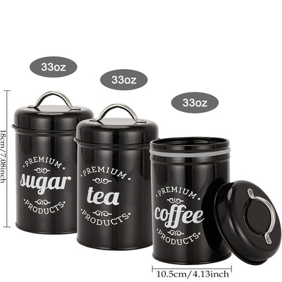 3 recipientes de almacenamiento para té, café, azúcar y cocina, color negro