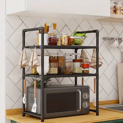 Organizador Multifuncional de Cocina con Ganchos - Estante Impermeable y Versátil para Microondas, Tostadoras, Freidoras de Aire y Otros Electrodomésticos. Construcción Robusta en Plástico/Metal, Estantes Ajustables Ideales para Almacenamiento de Accesor