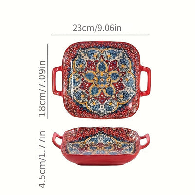 1 Juego de 4 Piezas de Platos Cuadrados Bohemios con Doble Asa. Platos Creativos de Cerámica, Versátiles para Frutas/Pastas. Diseño de 9 Pulgadas Seguro para Horno/Microondas. Asas Antideslizantes para Transporte Fácil, Elevando tu Ritual de Comida.