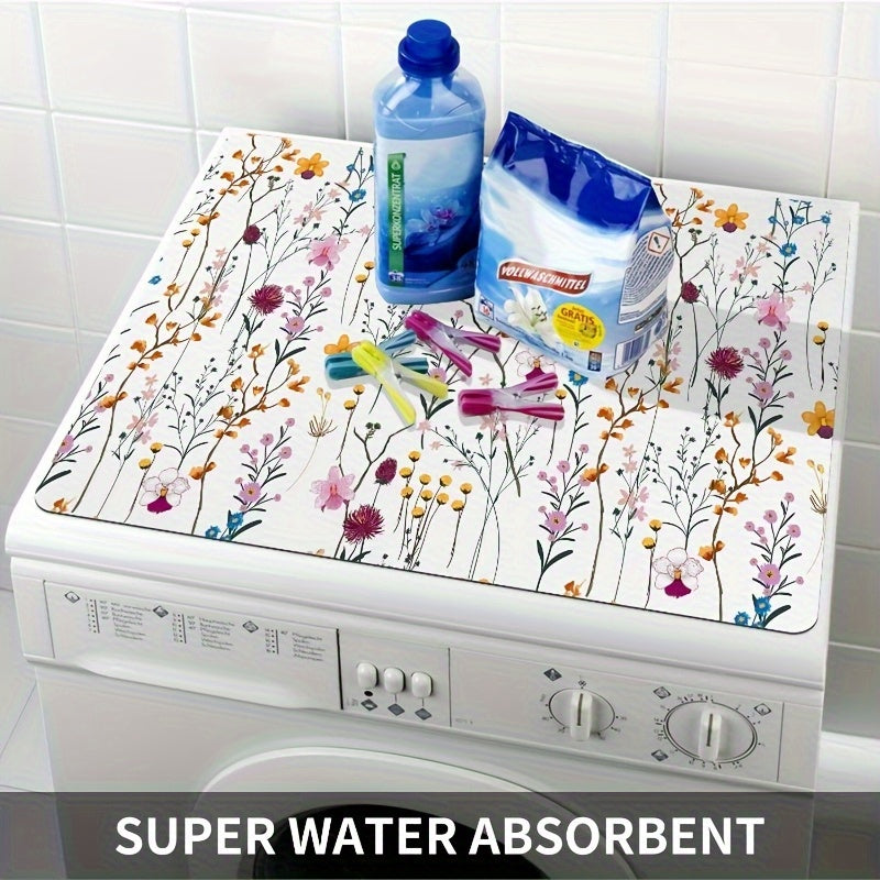 1 pieza de alfombrilla de tapa superior de lavadora floral, con diseño floral retro vibrante, secado rápido y absorbente, adecuada para habitaciones de lavado, cubierta de polvo de lavadora, alfombrilla decorativa, superficie antideslizante, accesorio de