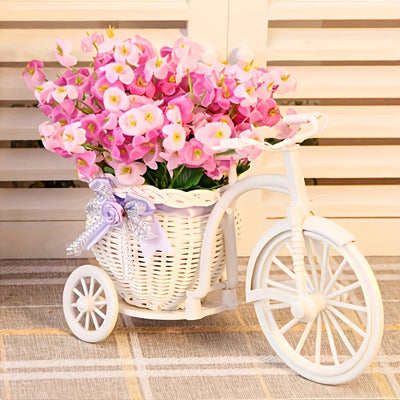 1 Macetero Elegante de Bicicleta Blanca con Cesta de Enredadera Rosa - Decoración Plástica Estilosa para Hogar, Ideal para Sala, Escritorio o Librería | Perfecto para Supermercados y Ramos, Adorno de Bicicleta