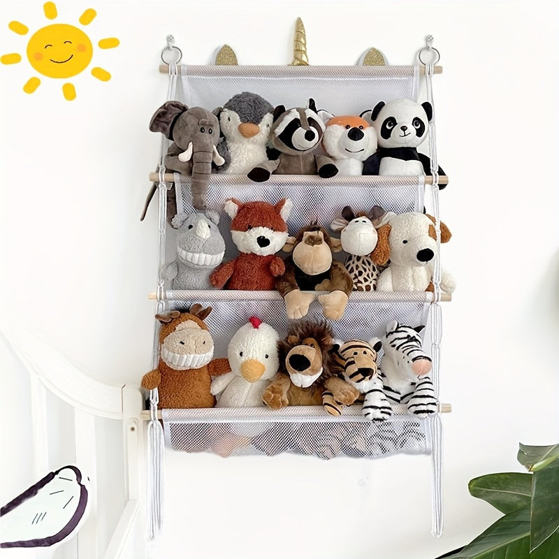 1 Pieza, Organizador De Almacenamiento De Juguetes Bohemio, Estante De Pared Colgante De 3 Niveles Con Ganchos, Decoración De Dormitorio Bohemio, Estante De Exhibición De Animales De Peluche De Tela, Accesorio De Organización Del Hogar
