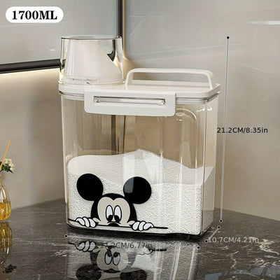 Contenedor de detergente para ropa con diseño de Mickey Mouse, 1 unidad, tapa medidora, gran capacidad, recipiente sellado para suministros de lavandería, cubeta de almacenamiento para ropa, diseño divertido, plástico duradero