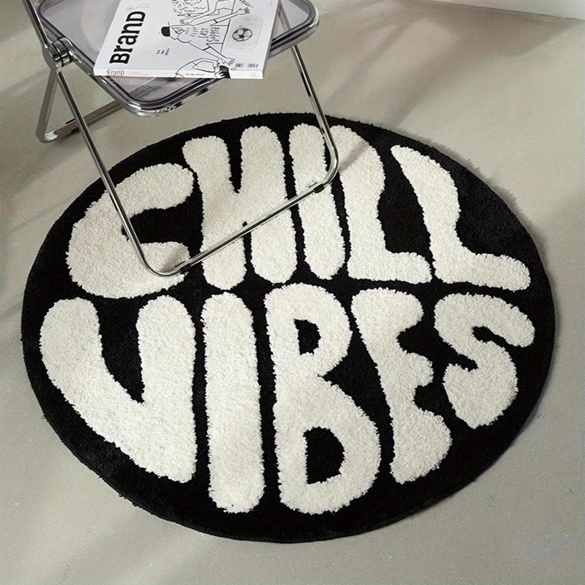 1pc Alfombra Redonda de Vibra Chill, 10mm de grosor de fibra de poliéster, sin resbalones con sujeción de fieltro, para dormitorio y sala de estar, solo lavable a mano, negro y blanco