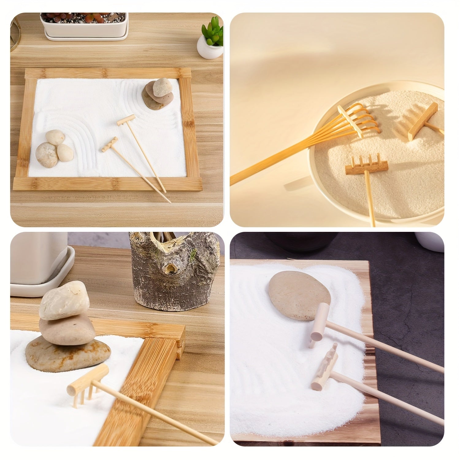 Juego de 7 piezas de rastrillos de jardín zen mini, herramientas de arte de arena de madera, rastrillos duraderos de 5,5 x 1,5 pulgadas para jardines de rocas, decoración del hogar, meditación y paisajes miniatura, incluye 7 tipos diferentes de rastrillo