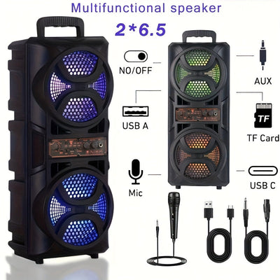 Altavoz multifuncional con altavoces dobles de 6,5", cambio de color RGB, subwoofer de bajo 3D, función de karaoke con gran apertura, sistema de sonido de carrito, experiencia de sonido definitiva con/FM/USB/TF Card/MIC, adecuado para fiestas al aire lib