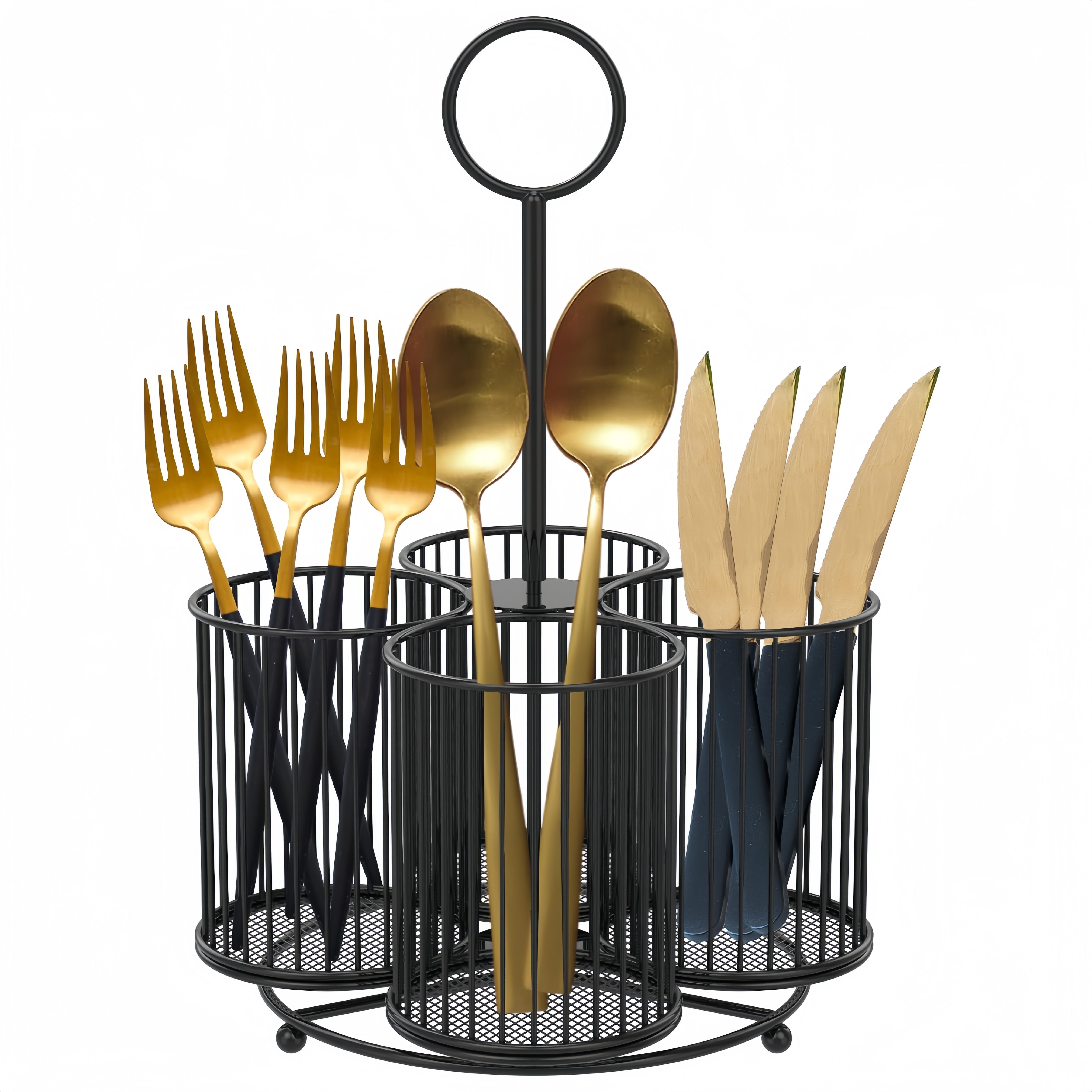 Porta Utensilios de Cocina, Organizador de Cubiertos Grande, Estante Metálico para Utensilios con 4 Secciones, Ideal para Mesa de Cocina