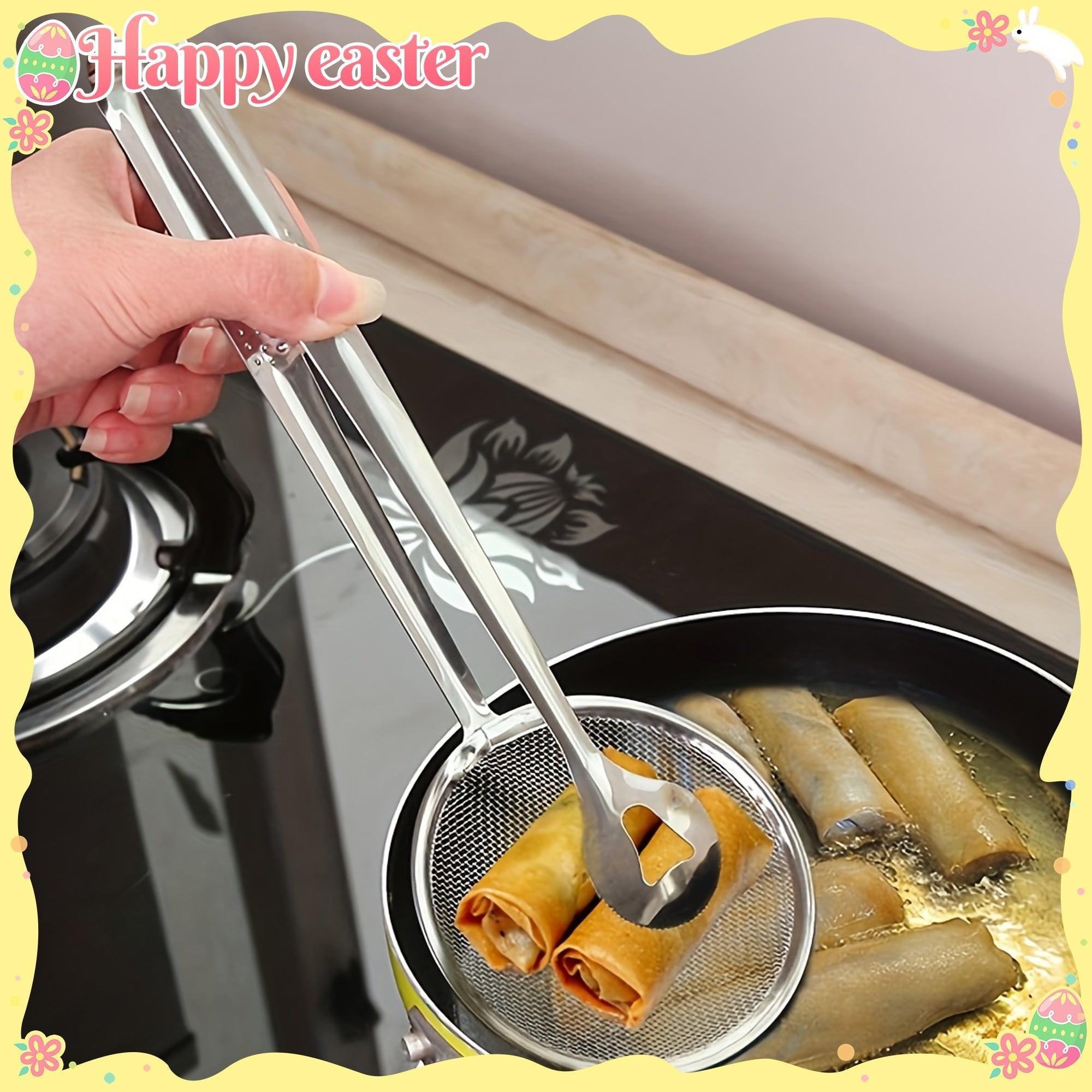 1pc Pinza de Acero Inoxidable para Filtro de Aceite con Malla Fin - Resistente a Altas Temperaturas (Segura hasta el Punto de Ebullición) - Cuchara y Pinza Dual para Dumplings, Rollos Primavera, Freír - Diseño Ergonómico, Herramienta Profesional para Coc