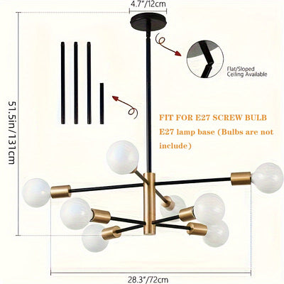 Luz de techo de 1 dormitorio 6/8 cabeza de lámpara moderna sencilla, luz de salón, color negro y cobre, base de bombilla E27, sin fuente de luz.