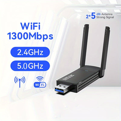 Adaptador Inalámbrico De Red Para PC De Escritorio USB 1300Mbps Con Antena De Doble Banda De Alta Ganancia Incorporada 5G/2.4G Para Windows 7/8/8.1/10/11, Que Brinda De Inmediato Capacidad WiFi Y Función De Hotspot Móvil A Tu PC De Escritorio.