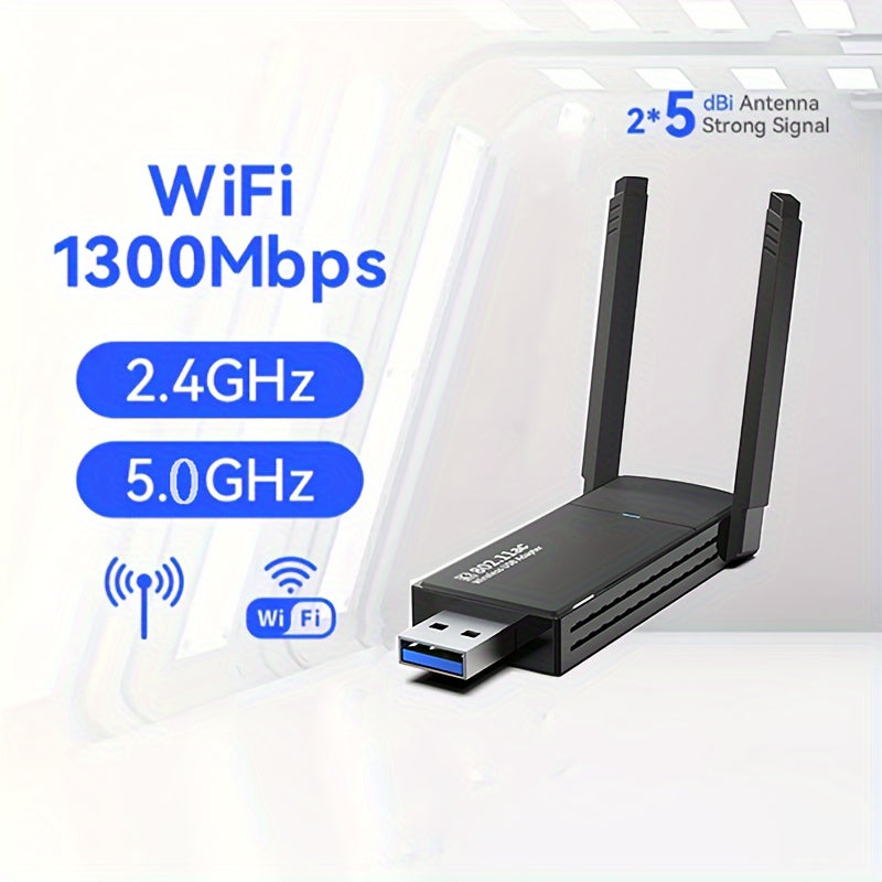 Adaptador Inalámbrico De Red Para PC De Escritorio USB 1300Mbps Con Antena De Doble Banda De Alta Ganancia Incorporada 5G/2.4G Para Windows 7/8/8.1/10/11, Que Brinda De Inmediato Capacidad WiFi Y Función De Hotspot Móvil A Tu PC De Escritorio.