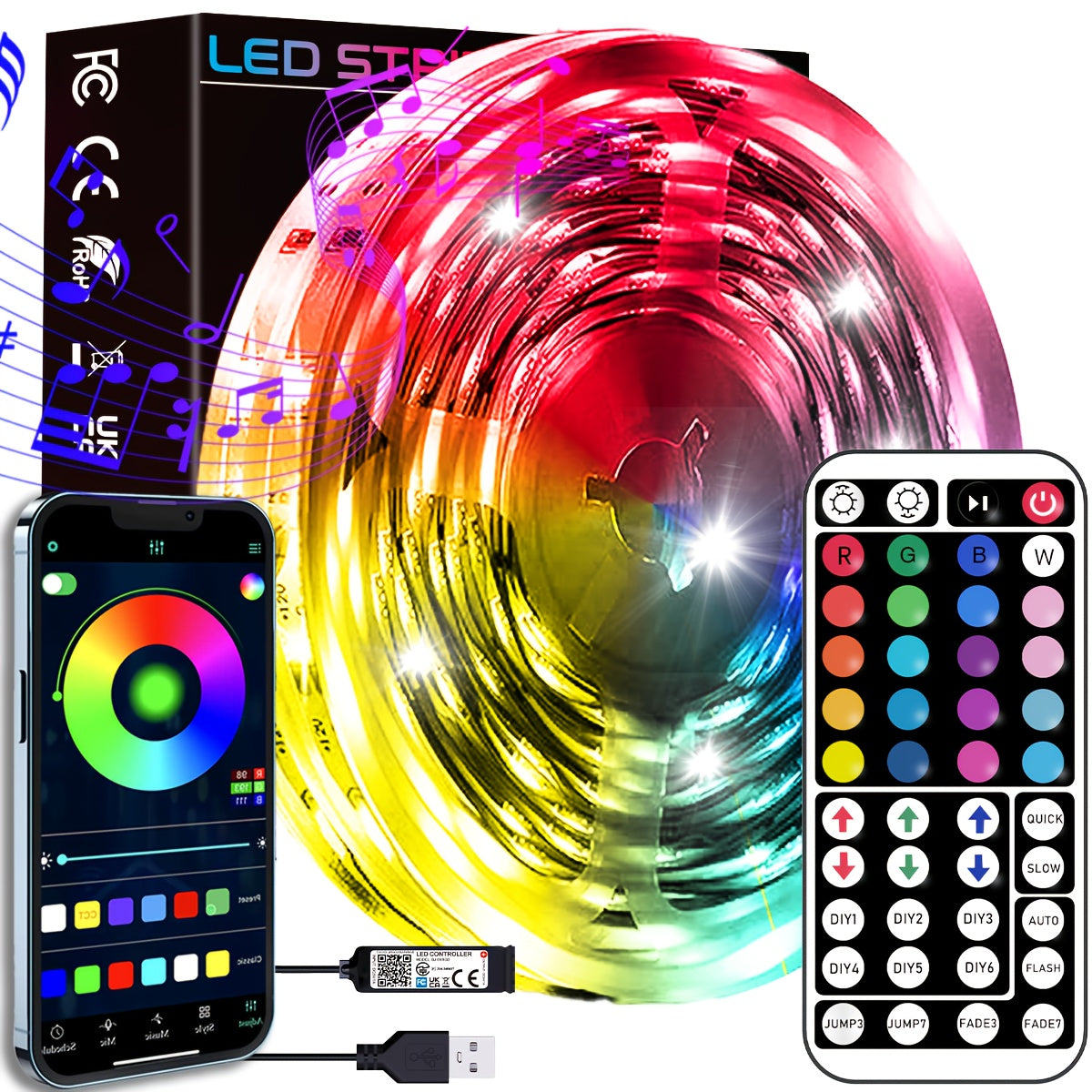 Tira de luces LED inteligente RGB con control por app, sincronización con música, cambio de color, alimentación por USB, incluye control remoto de 44 teclas, ideal para decoración de habitación, fiestas y festivales