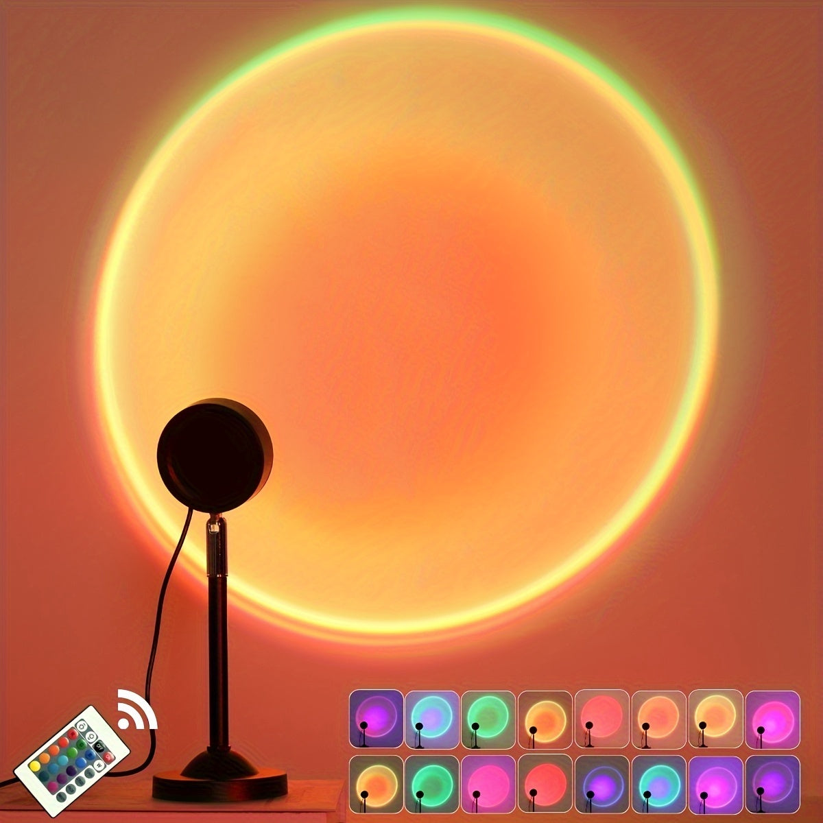 Proyector de Luz LED con Ambiente de Atardecer - 1 pieza con 16 Colores RGB y Control Remoto - Diseño Metálico Moderno, Alimentado por USB, Ideal para Dormitorio y Sala de Estar, Retroiluminación Fotográfica, Camping, Bodas y Celebraciones Festivas, Deco
