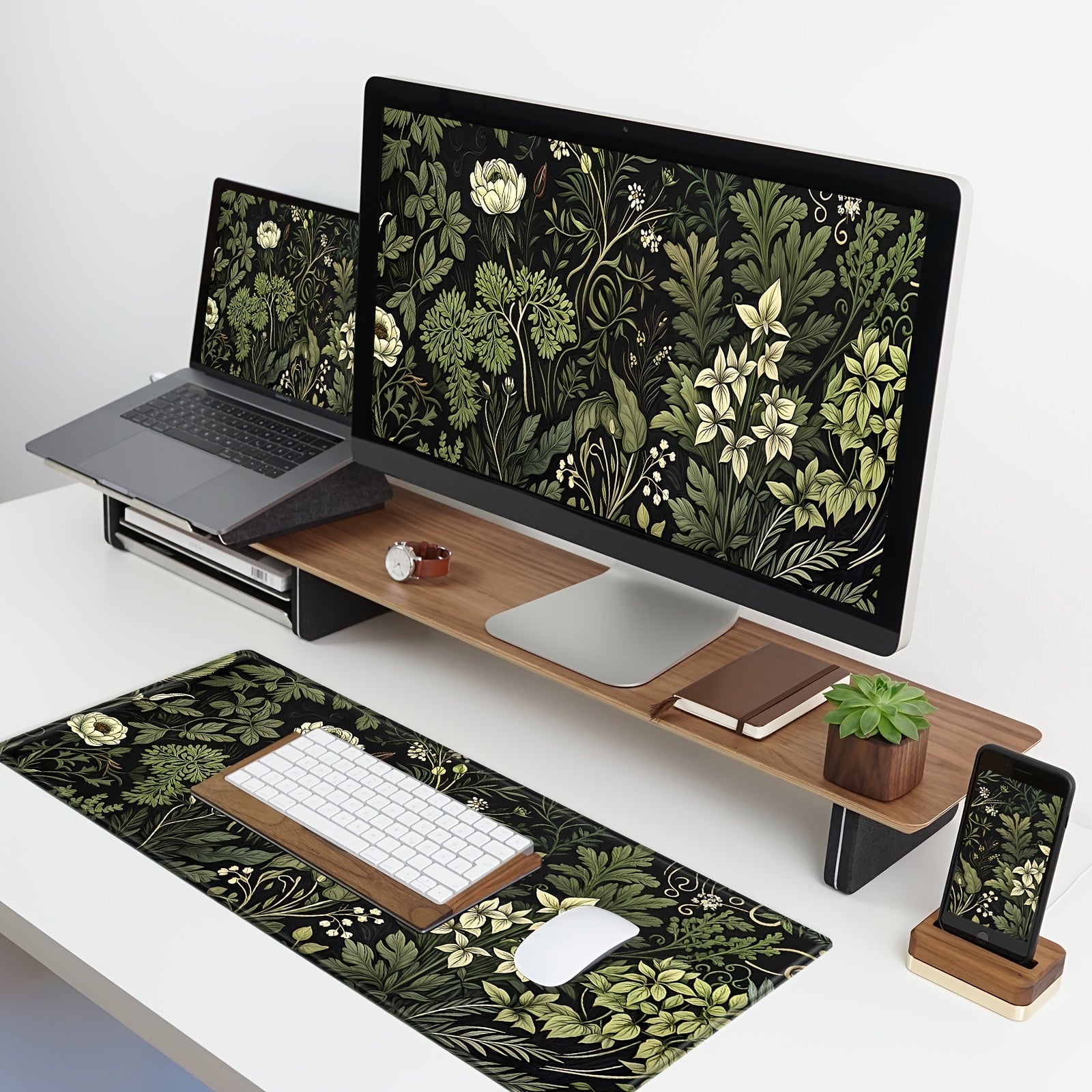 Botánica Felicidad, Alfombrilla de Escritorio Grande Verde Salvia Floral & Plantas - Antideslizante, Impermeable, Alfombrilla de Ratón para Juegos con Bordes Cosidos para Uso en Oficina y Hogar (69.85x29.97 cm)