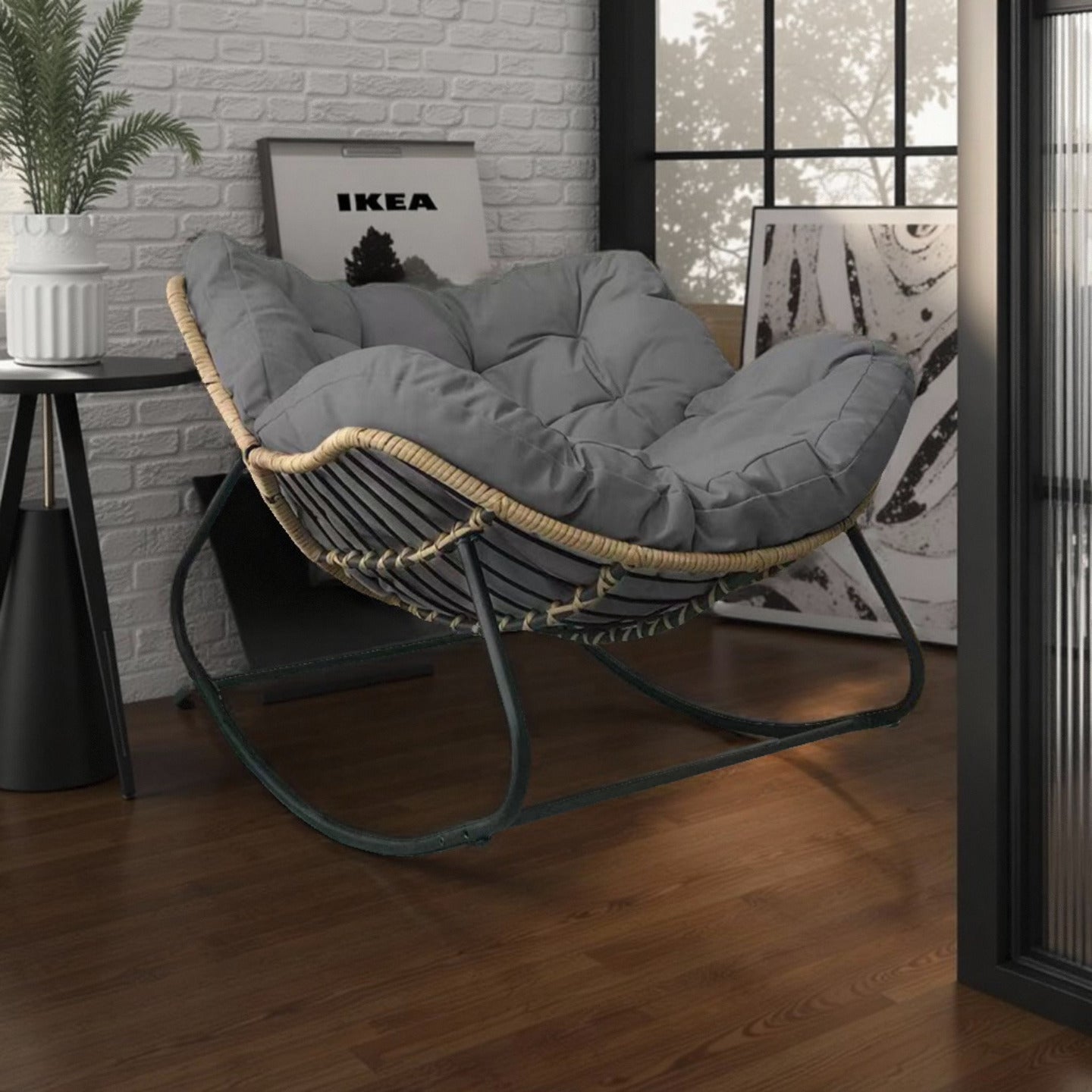 Mecedora de Hierro Forjado Vintage con Cojín Tejido a Mano, Adecuada para Todas las Estaciones, Silla Decorativa de Estilo Rústico Americano para Sala, Balcón o Patio