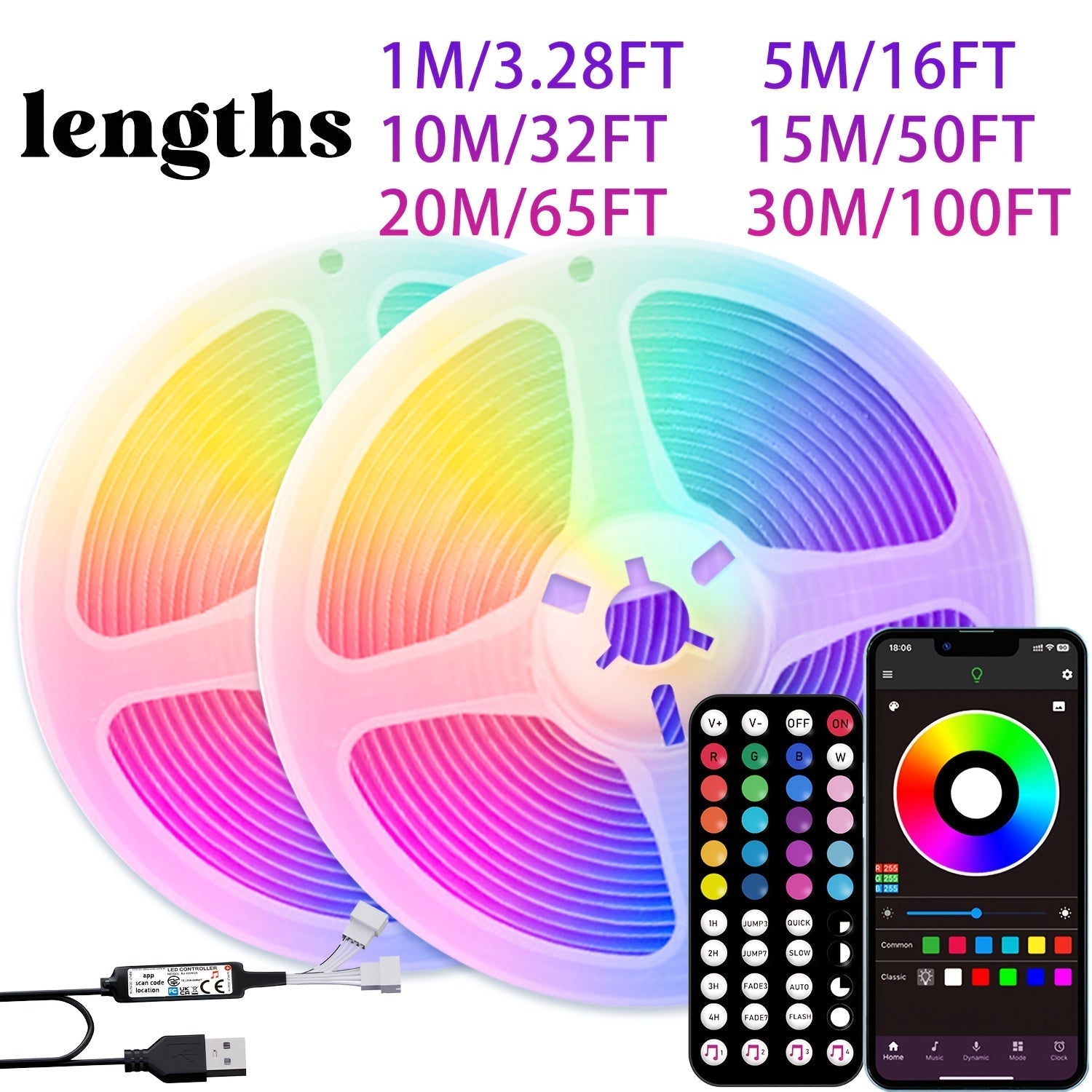 Tira de luces LED inteligente RGB NBBUFF de 91.44 a 3048.0 cm - Sincronización con música, control por app y remoto, cambio de color, regulable, función de temporizador, ideal para iluminación de escenarios, decoración interior y celebraciones, iluminaci