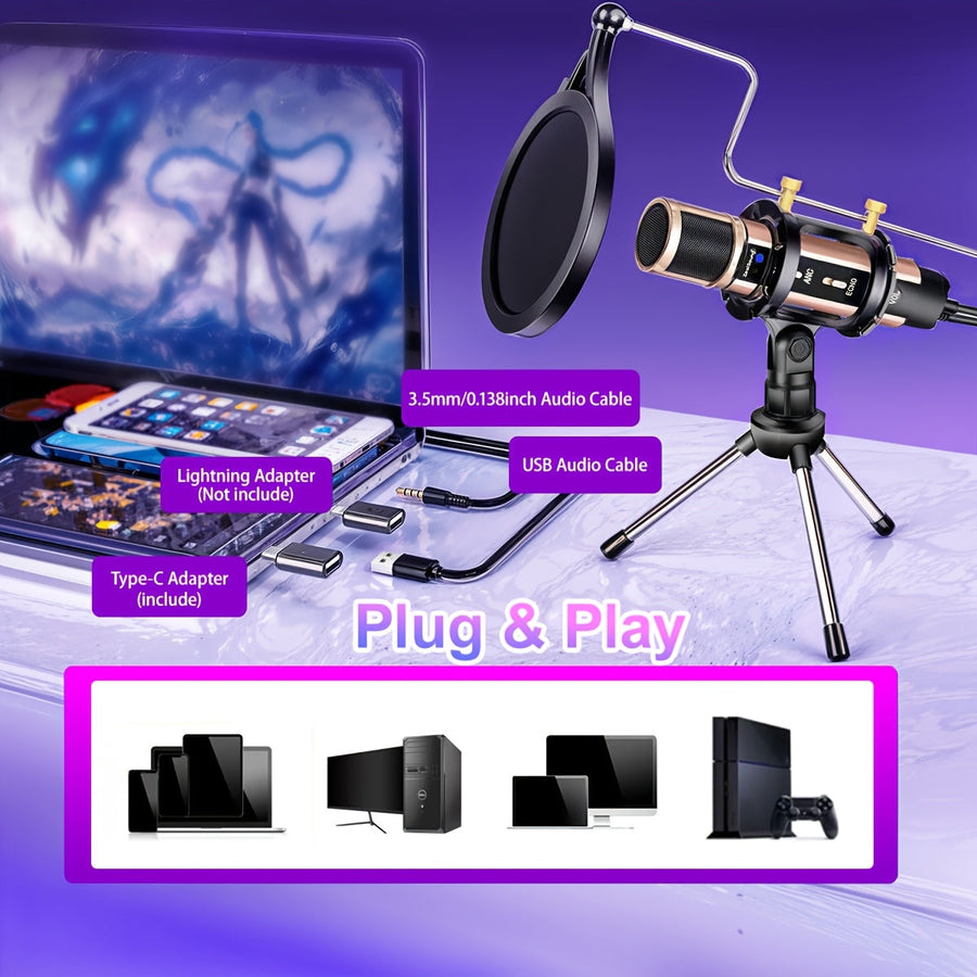 ZealSound Micrófono USB Plug & Play con Adaptador Tipo-C para Teléfono y Computadora, Micrófono Condensador con Eco, Cancelación de Ruido, Silencio, Monitor, Soporte Tripode y Filtro Pop, Ideal para Grabaciones y Transmisiones