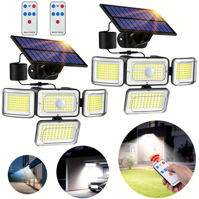 Luz Solar con Sensor de Movimiento y Control Remoto - 288 LED, Farola de Seguridad de 4 Cabezas, Ángulo Amplio de 300°, 3 Modos para Jardín, Patio, Camino, Garaje y Calle - Incluye Cable de 5.03 metros, Luces Solares de Movimiento para Exteriores