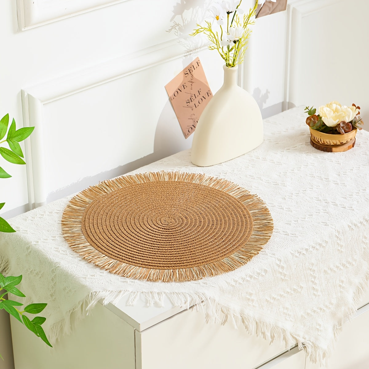 Juego de 2/4/6 individuales redondos de lino estilo bohemio con flecos, tejidos a mano en color beige natural, para comedor, cocina, decoración del hogar, mesa de primavera y verano, accesorios de cocina, encanto rústico, acabado texturizado, accesorios