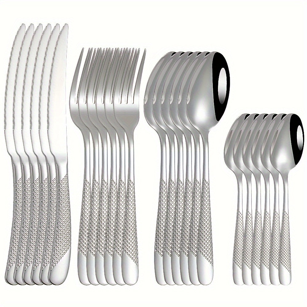 Juego de cubiertos de acero inoxidable con diseño de estrella, 24 piezas, incluye cuchillo para carne, tenedor, cuchara y cuchara de postre, ideal para hogar, cocina, hotel, restaurante, fiestas, bodas y eventos, apto para lavavajillas, disponible en var