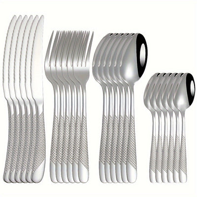 Juego de cubiertos de acero inoxidable con diseño de estrella, 24 piezas, incluye cuchillo para carne, tenedor, cuchara y cuchara de postre, ideal para hogar, cocina, hotel, restaurante, fiestas, bodas y eventos, apto para lavavajillas, disponible en var