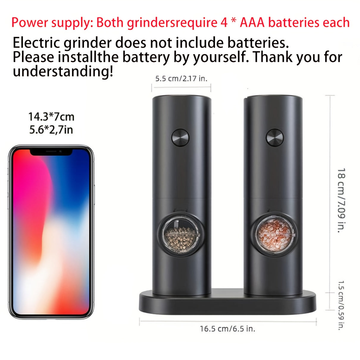 Juego de 2 Molinillos Eléctricos para Sal y Pimienta, Grano Ajustable con Luz LED, Base de Almacenamiento, Funciona con Batería, Arranque con Una Mano, Material ABS, Esencial en la Cocina, Regalo Perfecto