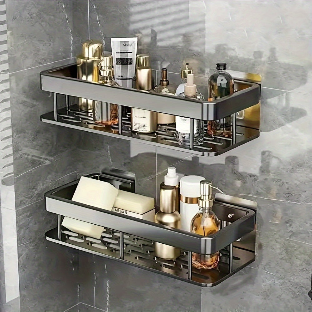 1pc Estante de Esquina de Metal Negro Elegante - Sin Taladro, Estante de Almacenamiento de Baño Montado en la Pared para Champú, Loción, Cosméticos con Barra de Toalla y Portacepillos de Dientes, Diseño Moderno Minimalista