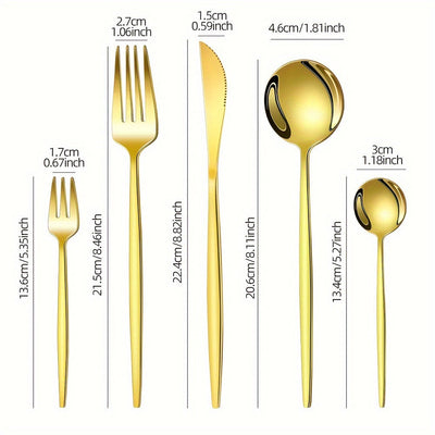 30 piezas de cubertería de acero inoxidable dorado - Cubertería elegante para fiestas, bodas, cumpleaños, cocina, hotel - Incluye cuchillos, tenedores, cucharas, cucharas de postre - Ideal para Navidad, Halloween, Pascua, Acción de Gracias, Graduación