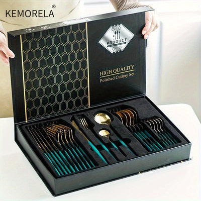 KEMORELA 24 piezas de colección de utensilios de acero inoxidable, incluyendo cuchillo, tenedor y cuchara, juego de cubiertos de cocina de primera calidad, apto para lavavajillas.