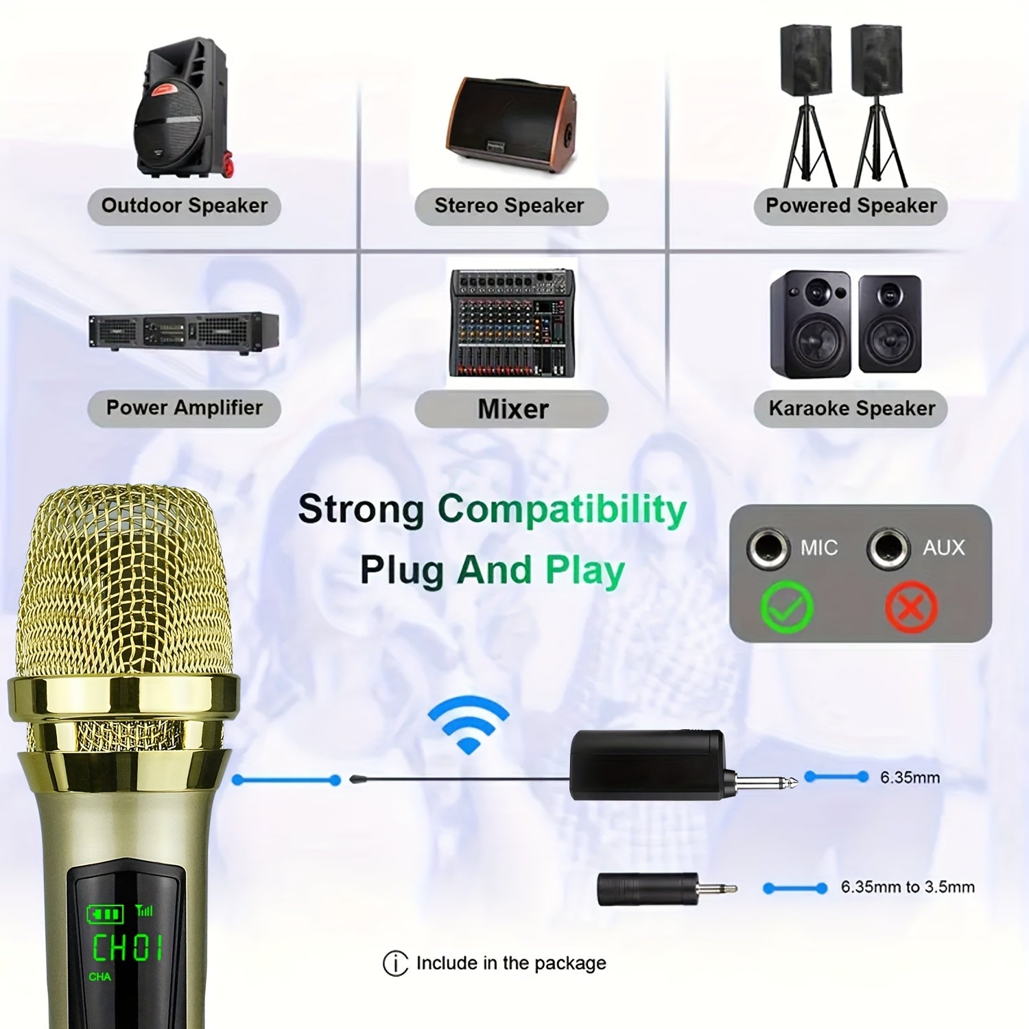Conjunto de Micrófono sin varillas Dual con Receptor Recargable y Salida 1/4", Plug and Play para Karaoke y Canto