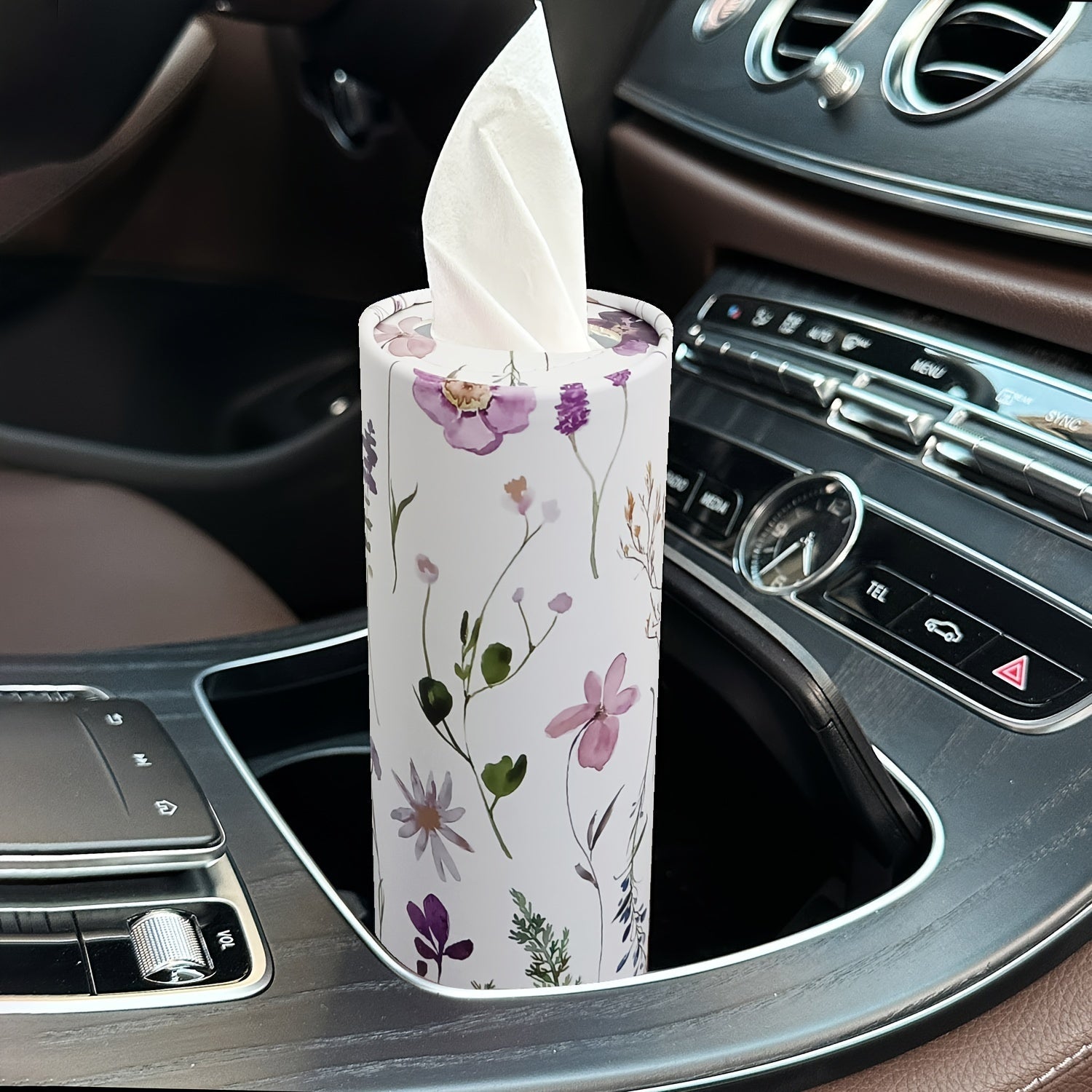 Porta pañuelos de papel para coche con estampado floral - Caja de pañuelos de viaje para el portavasos del coche, adecuado para mesas de hogar