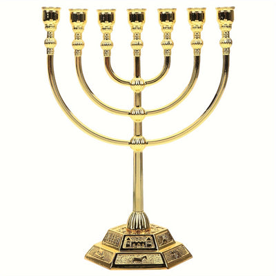 Menorah de 7 ramas tradicional de Hanukkah, candelabro de metal estilo templo dorado para decoración religiosa y festiva en el hogar, 1 pieza