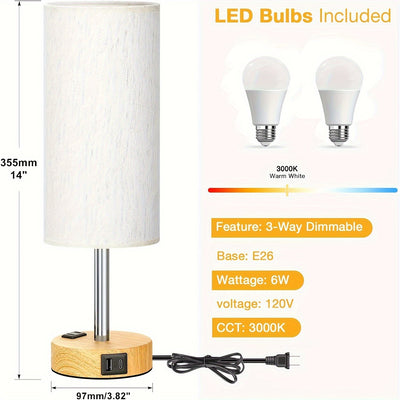 Conjunto de 1/2 Piezas de Lámpara de Noche Moderna con Control Táctil - Regulable en 3 Niveles, Puertos USB y Enchufe de CA, Base de Madera con Pantalla de Lino para Mesita de Noche, Escritorio, Oficina, Dormitorio (Bombilla LED Incluida), Lámparas de Me
