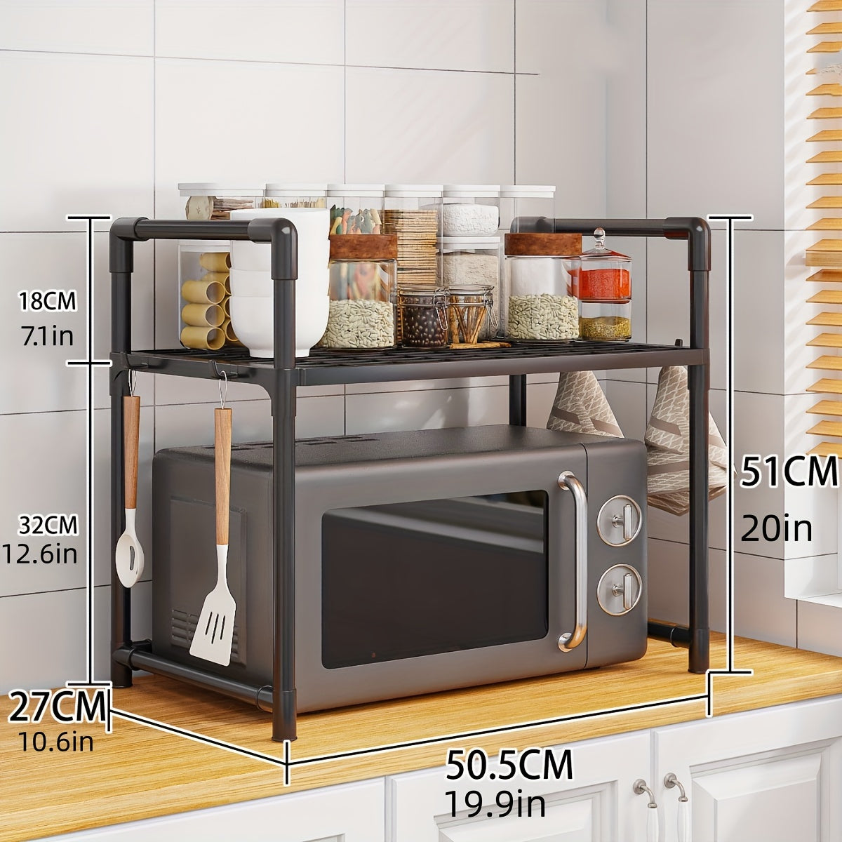 1pc Rejilla Expansible de Acero al Carbono para Microondas - Organizador de 2 Niveles para Utensilios de Cocina y Vajilla, Diseño Elegante con Almacenamiento Abierto, Regalo Ideal para el Día de la Madre