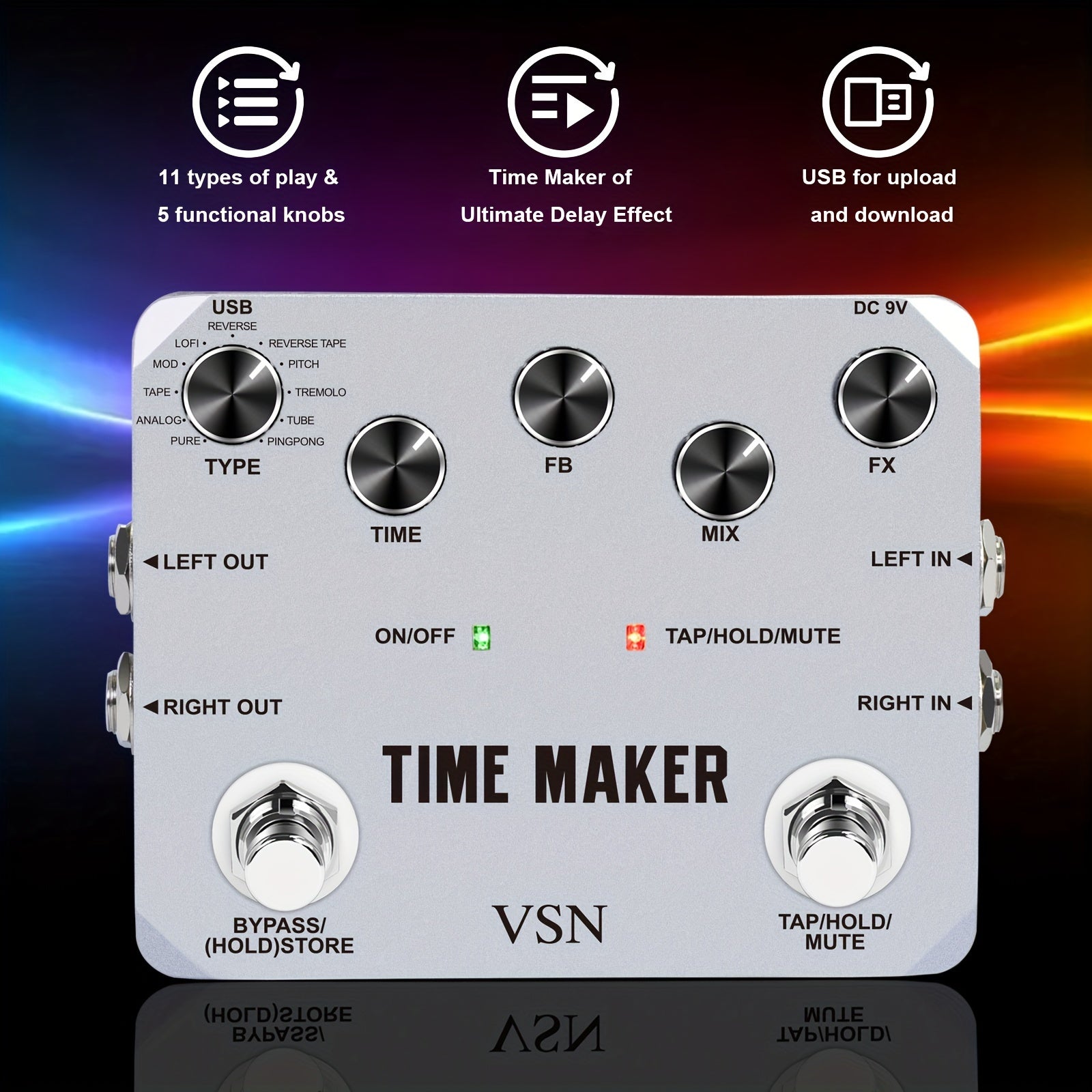 Pedal de retardo VSN Pedal de retardo de guitarra Time Maker 11 tipos de pedales de retardo definitivos Pedal de efecto de bajo con Tap Tempo True Bypass