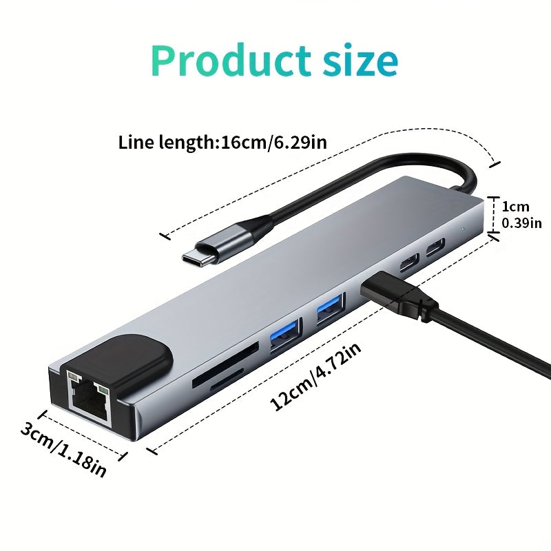 Conector USB C 8 en 1, adaptador de TV HD 4K 30Hz de tipo C con USB-C, carga PD100W, transferencia de datos RJ45, USB 3.0, lector de tarjetas SD/TF, 4K UHD, ratón, teclado, unidad USB, impresora, etc. - Compacto y portátil