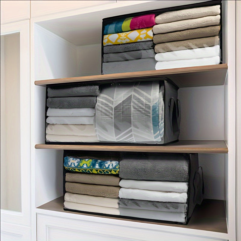 Bolsa grande de tela retro para almacenamiento con asas y ventana transparente, organizador de espacio para ropa, edredones y cobijas, ideal para organizar el clóset, dormitorio o residencia estudiantil, organizadores de clóset y almacenamiento, guardado