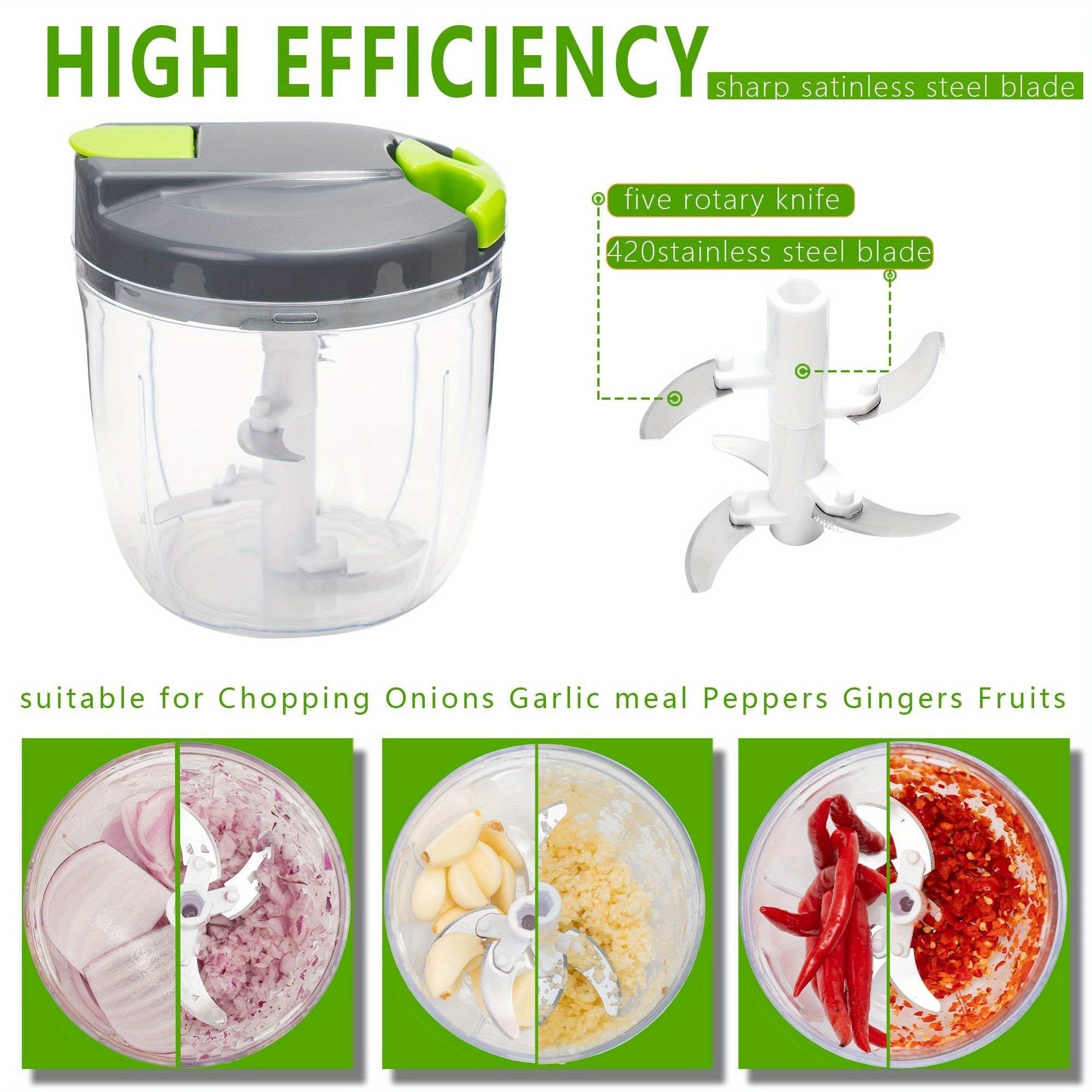SENBOWE Cortador de alimentos manual multifuncional con mango y tapa - Cortador de verduras, prensa de ajo para cebolla, ajo, chile, zanahorias, jengibre, frutas - Regalo ideal para cocina (verde/azul/520ml/900ml), procesamiento de alimentos