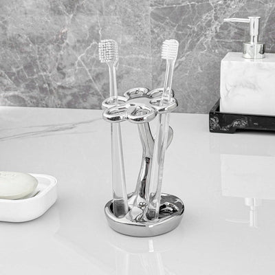 Portacepillos de dientes para baño, contenedor de almacenamiento cerámico en forma de flor, puede sostener 6 cepillos de dientes estándar (Plateado)