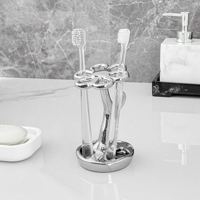 Portacepillos de dientes para baño, contenedor de almacenamiento cerámico en forma de flor, puede sostener 6 cepillos de dientes estándar (Plateado)