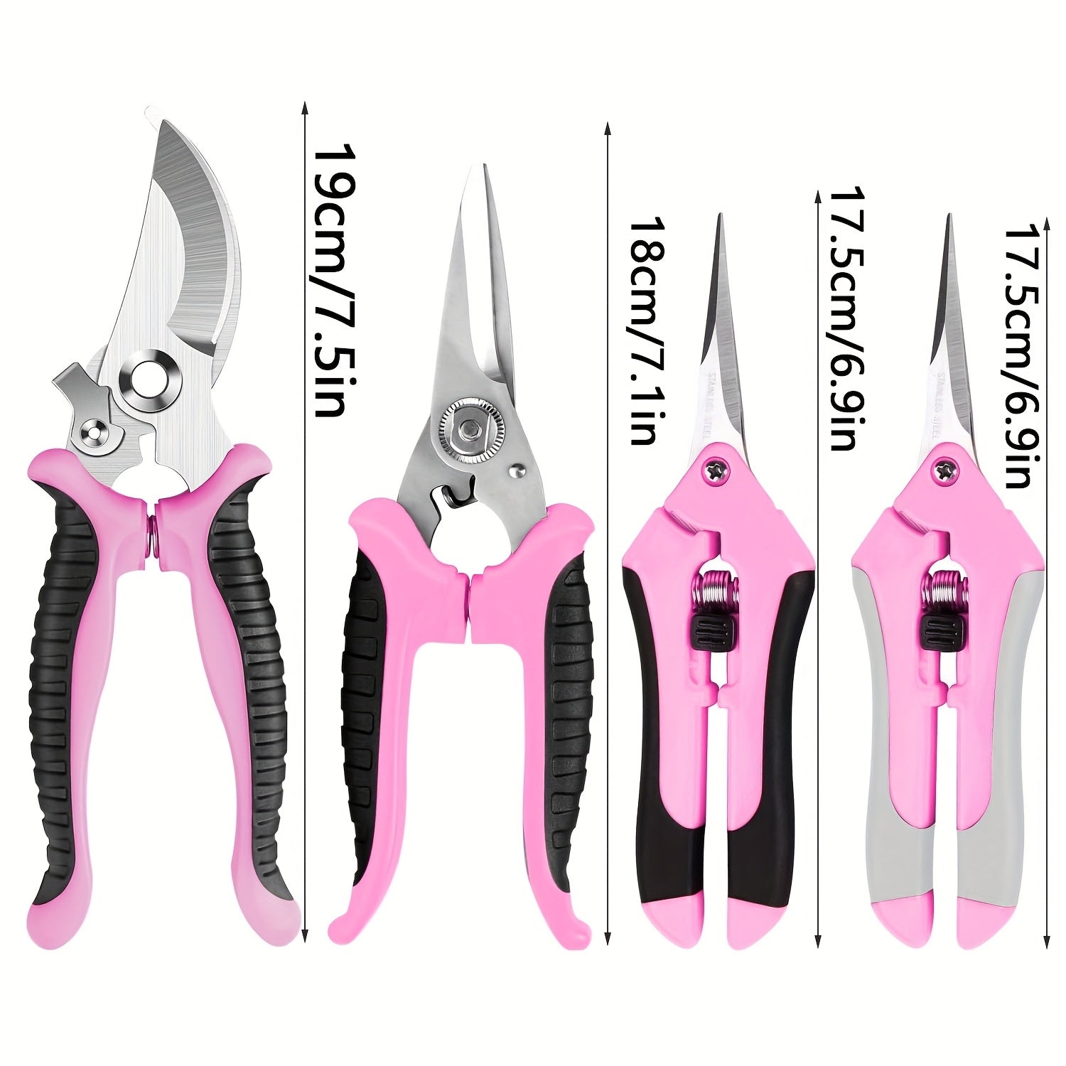 Juego de herramientas de podar manual con cuchillas de acero inoxidable, tijeras de jardinería profesionales rosadas para podar flores y jardinaje (4 piezas)
