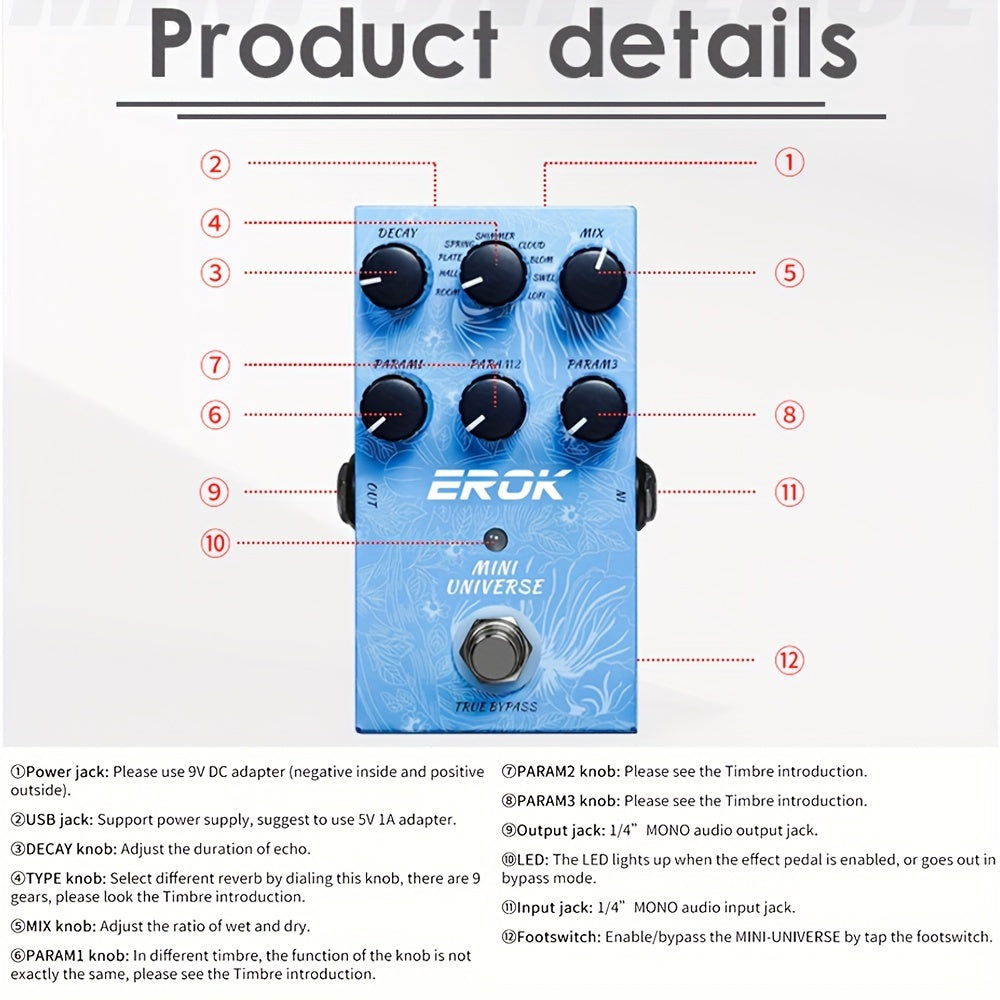 Pedal De Efecto De Reverberación Para Guitarra Eléctrica Con Diseño De Derivación Real, Carcasa De Metal, 9 Tonos De Reverberación, Accesorio Para Guitarra