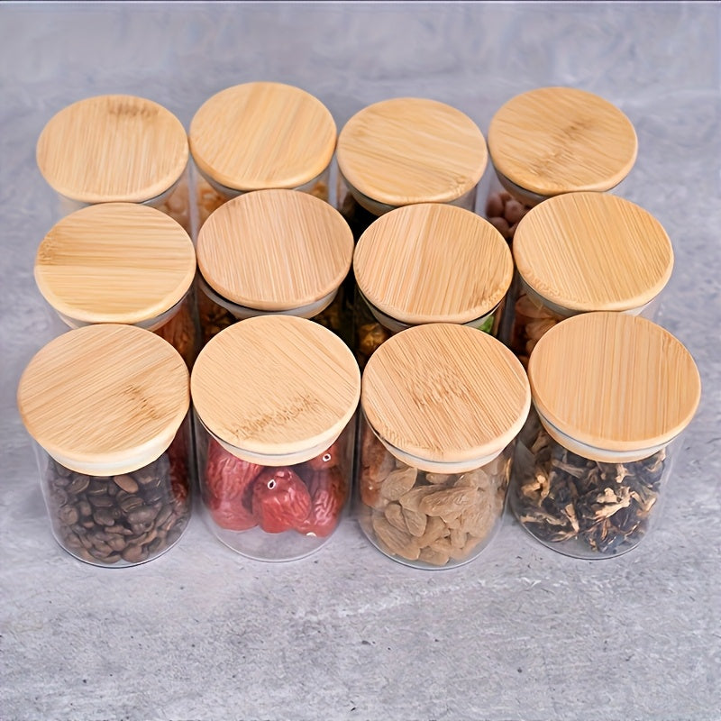 Juego de 12 Tarros Redondos para Especias de Vidrio de 6oz/9oz con Tapas de Bambú Selladas, Bolígrafo y Etiquetas, Cepillo de Limpieza para Organización de Alimentos en la Cocina - Bolsitas de Té, Granos de Café, Dulces, Galletas