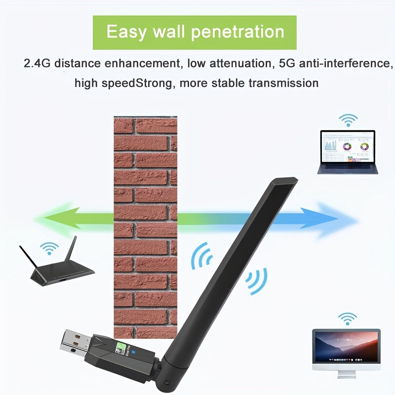 Adaptador de red inalámbrica WiFi USB de doble banda 600Mhz, receptor externo 2.4/5GHz para PC/Portátil/PC, adaptador inalámbrico mini con pantalla LED, alimentado por USB, adaptador para PC/Portátil|Diseño elegante del adaptador|Adaptador alimentado por