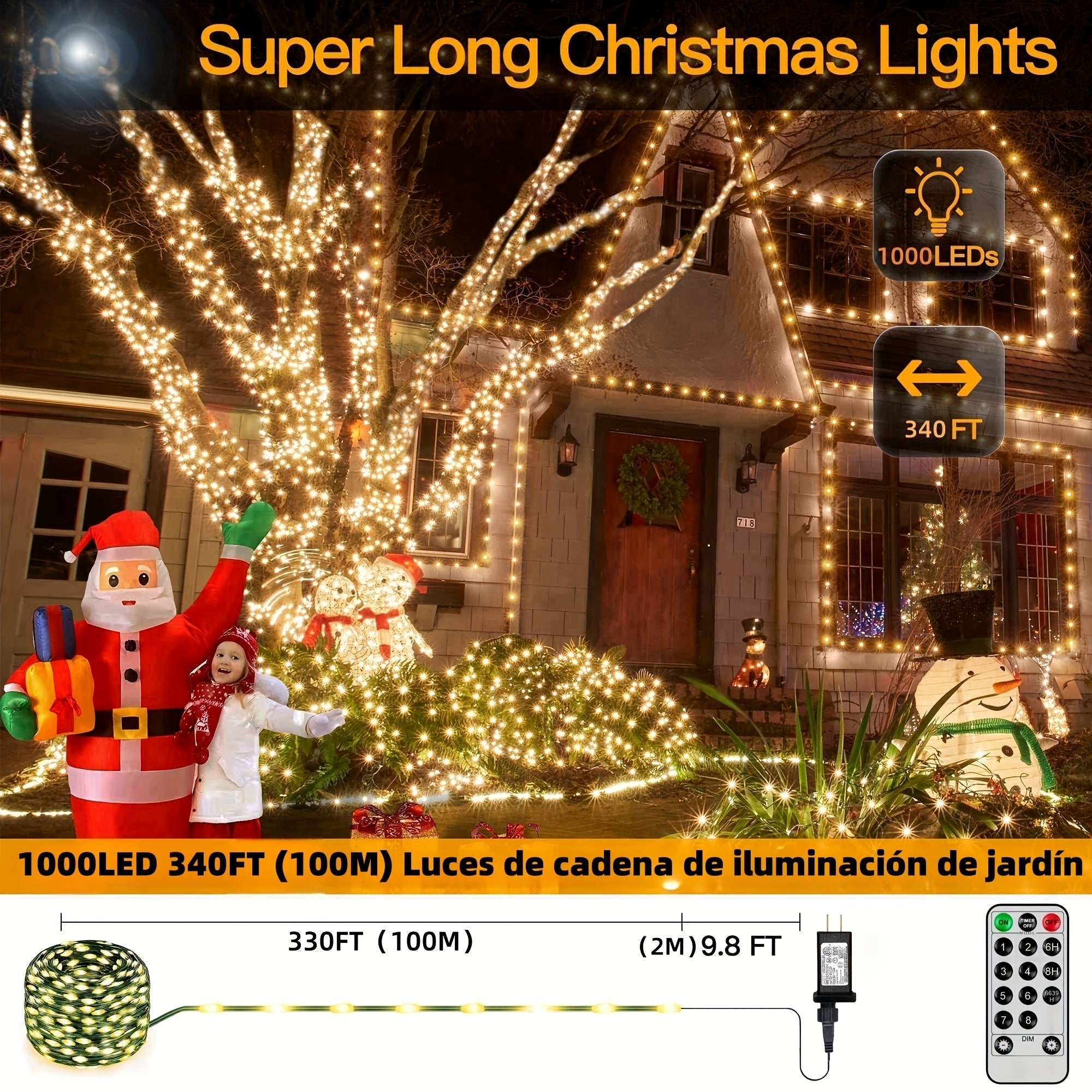 Luces de patio extra-largas, 110/340 FT300/1000 LED para verano, Luces navideñas exteriores para árbol de Navidad con 8 modos, temporizador remoto, Luces de hadas para casa, patio exterior e interior, Decoraciones navideñas (Multicolor, color blanco cáli