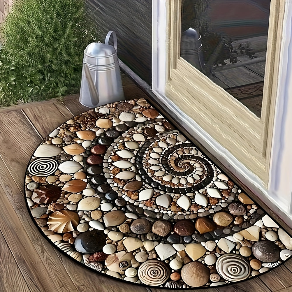 Tapete de bienvenida colorido con diseño de guijarros y flores en 2D, antideslizante, fácil de limpiar, semicircular, para uso en interiores y exteriores, ideal para entrada, cocina, baño, patio o balcón